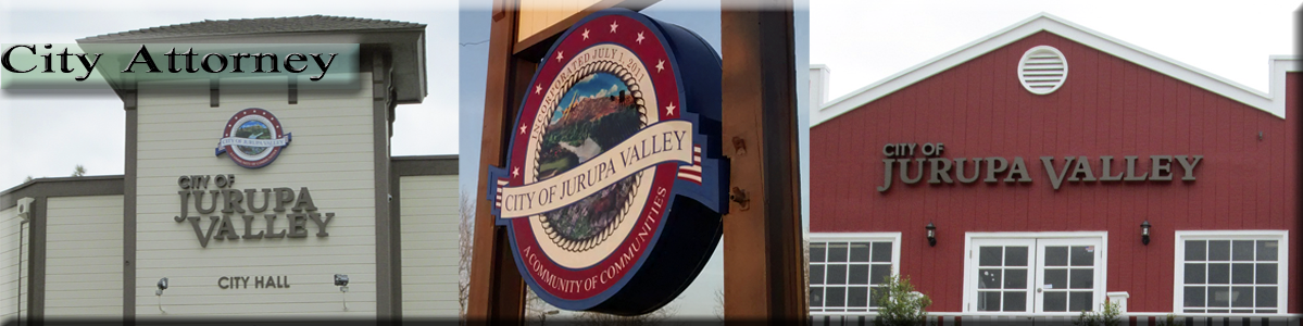 City Attorney -  City of Jurupa Valley City Hall, Sign, and Red Building with "City of Jurupa Val