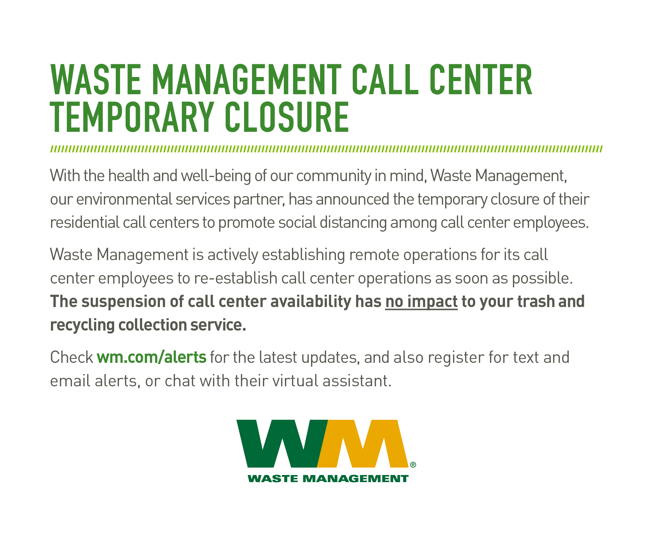 Waste Management Call Center Temporary Closure